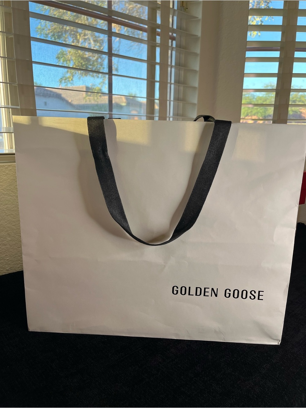 Golden Goose Empty White Shopping Bag with Black Handles and Logo